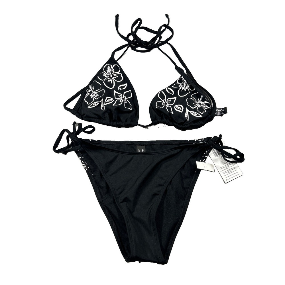 Hurley Floral Triangle Halter Bikini 2-Piece Set Black/Multicolor Size XL